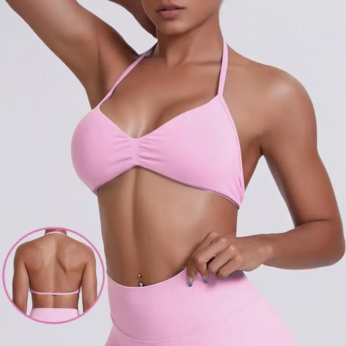 Soutien-gorge de Sport à bretelles pour femmes, haut de soutien, fines bretelles, col licou, sans couture, froissé, débardeur d'entraînement, de Yoga