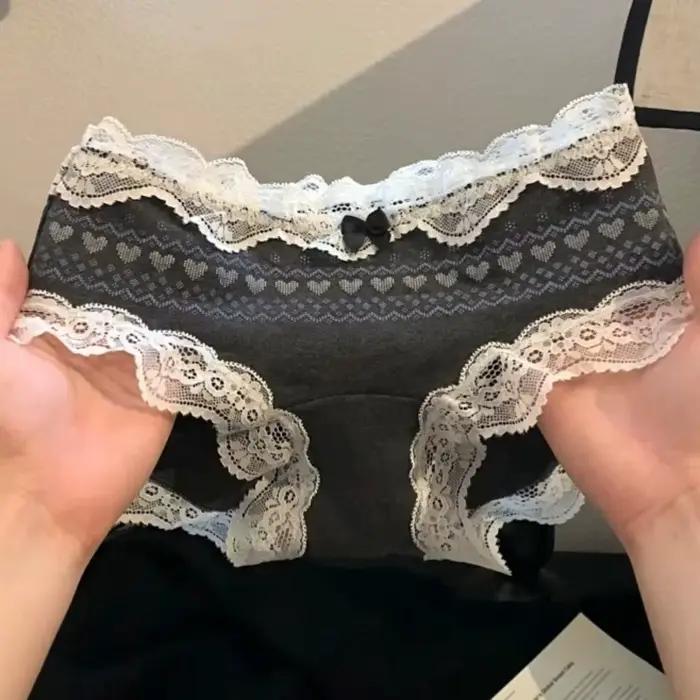 Culottes en dentelle à nœud papillon motif chat, taille mi-haute, en coton, lingerie douce pour femme