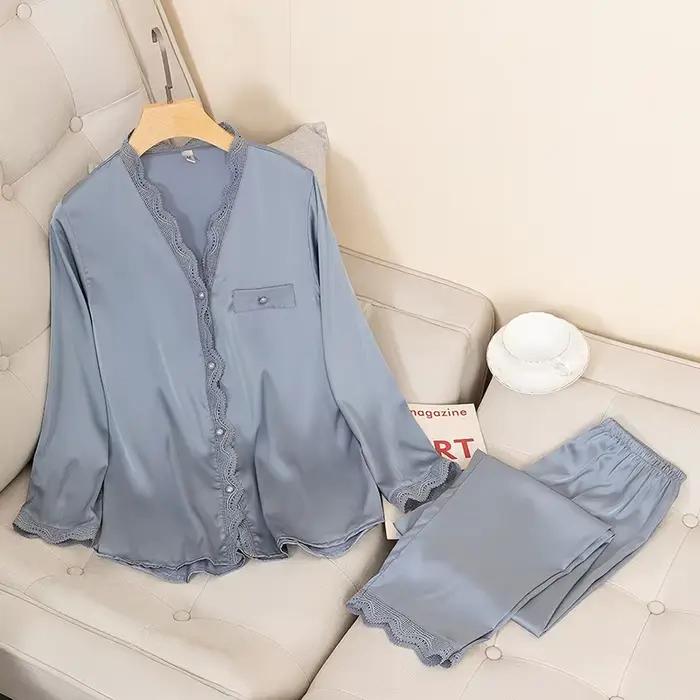 Ensemble de pyjamas en satin sexy pour femmes, vêtements de nuit décontractés, vêtements de détente soyeux, vêtements de nuit monochromes, chemise et pantalon de peignoir, printemps, nouveau, 2 pièces