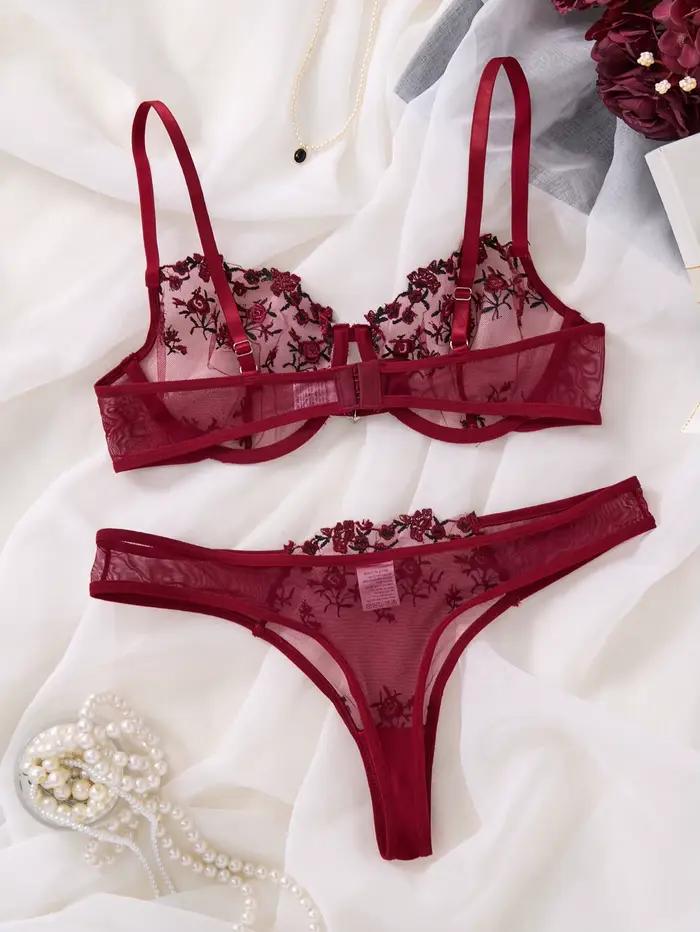 Ensemble de lingerie romantique brodé de roses rouge vin - soutien-gorge en résille transparente - lingerie érotique décontractée pour femmes ZA824026