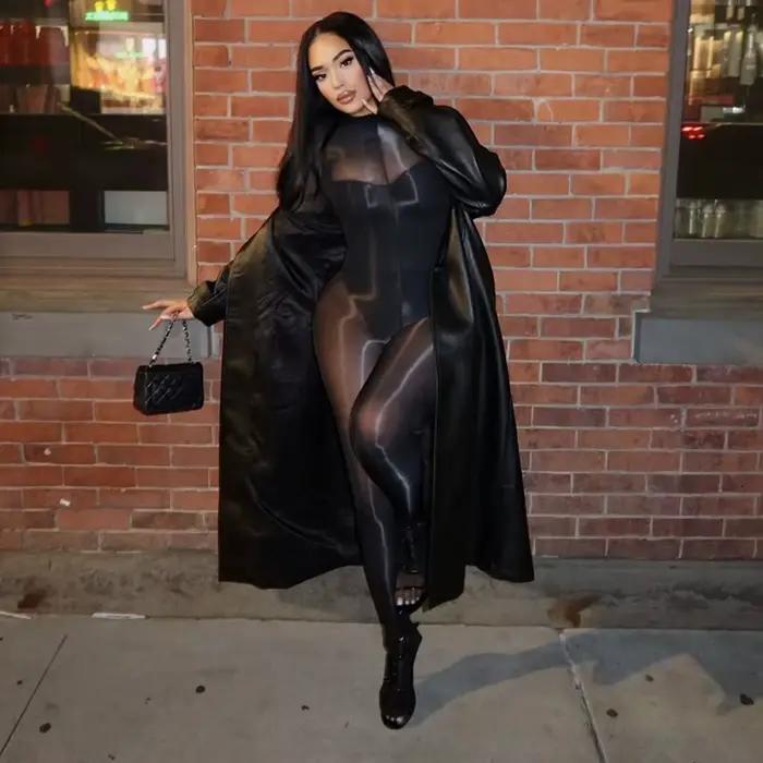 Combinaison extensible et brillante pour femmes, Sexy, qualité, bas, body transparent, manches longues, charmant, costume une pièce, vêtements de boîte de nuit
