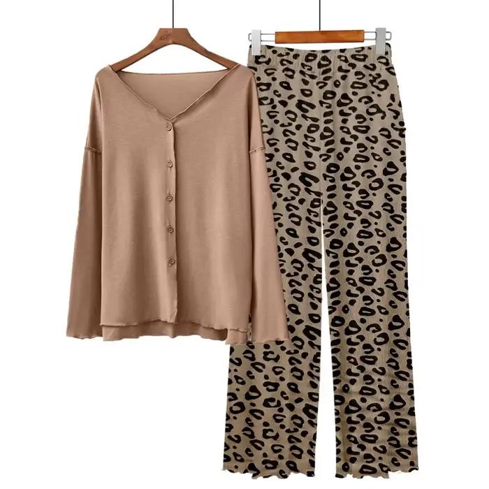 Pyjamas femme offre vêtements de nuit Modal confort femmes maison vêtements imprimé léopard à manches longues hauts pantalons ensembles Pijamas Mujer