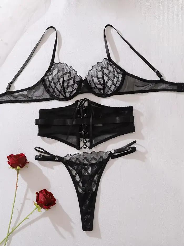 Belamimi Ensemble de soutien-gorge en dentelle sexy et luxueux pour femme, style géométrique, maille transparente, lingerie exotique sculptante, ensemble 3 pièces