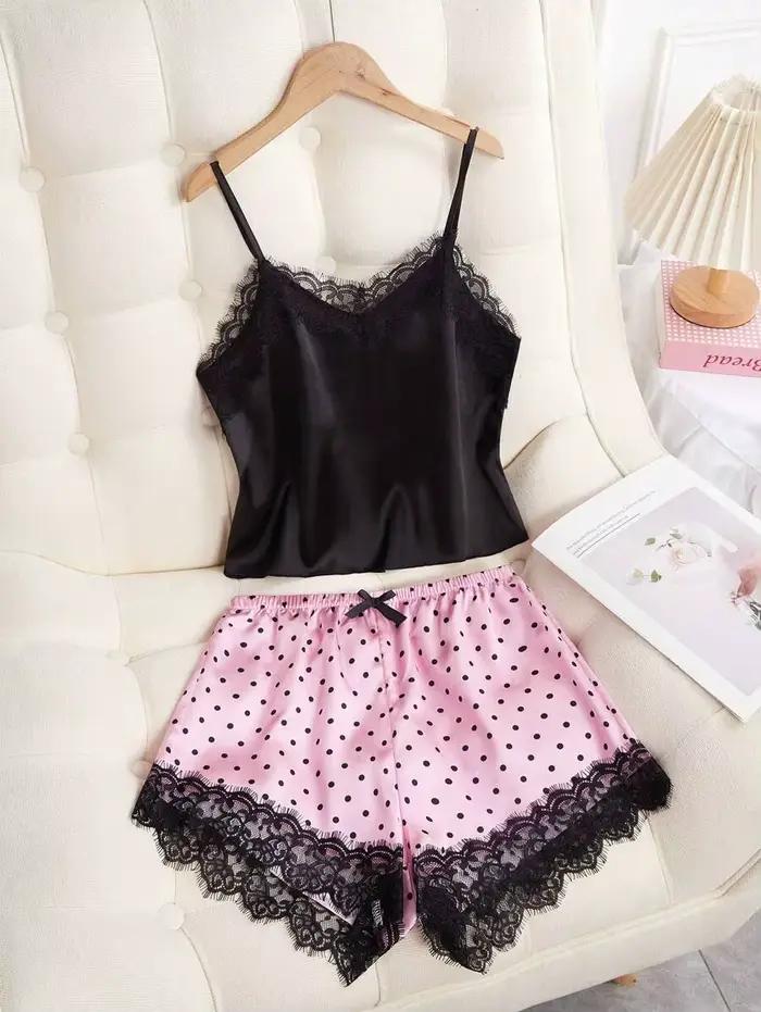 2 pièces pyjama costume femmes mode col en v Stretch Satin dentelle Sexy Lingerie nœud papillon pyjamas ensemble short et haut rose et point rond vêtements de nuit