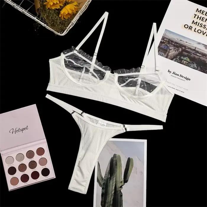 Ensemble de sous-vêtements 2 pièces en dentelle et maille à volants pour femmes, soutien-gorge Transparent, culotte, slip, blanc, Sexy, sans couture