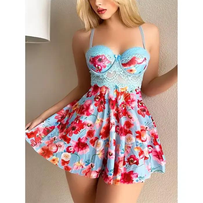 Nouvelle Robe de Nuit Sexy pour Femme, Imprimé Floral, Lingerie Romantique, Vêtements de Nuit Attrayants, Pyjama d'Été, Babydoll Intime