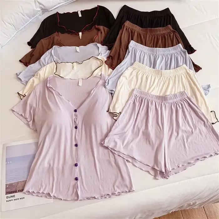 Pyjama à Manches Courtes et Pantalon pour Femme, Ensemble de Vêtements de Nuit, Doux, Modal, avec Coussin de Poitrine, pour la Maison, Nouvelle Collection Printemps Été 2025