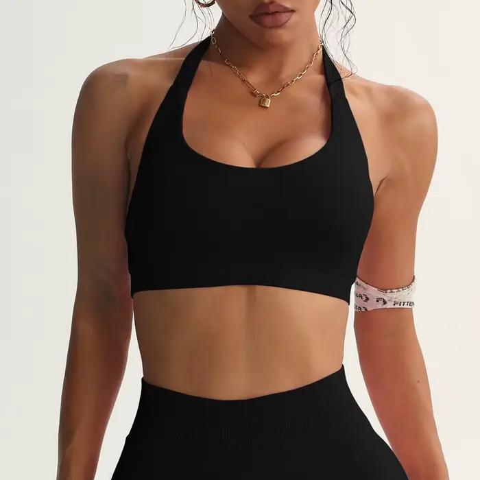 Soutien-gorge de Sport sans couture, col licou, Sexy, dos ouvert, Yoga, rembourré, pour femmes, Fitness, haut de gymnastique, vêtements de Sport