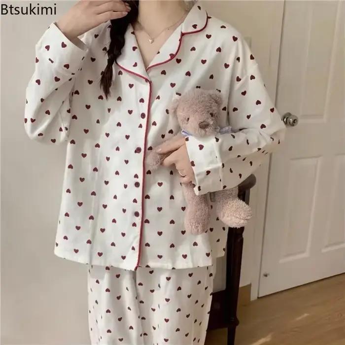 Pyjama doux grande taille pour femme, pantalon à manches longues, vêtements de maison, vêtements de nuit deux pièces, imprimé cœur de pêche, fouet senior, printemps, automne