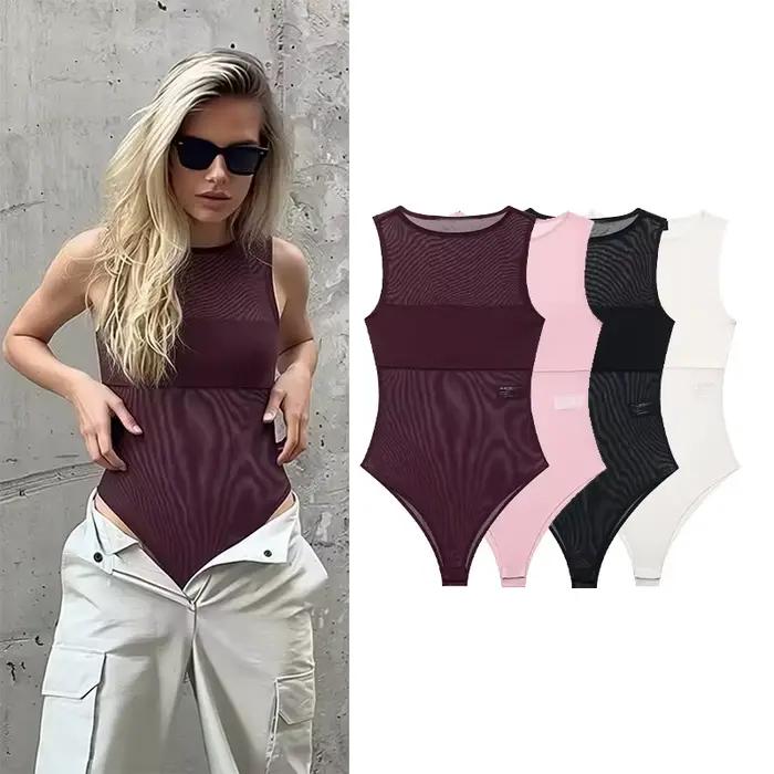Combinaison en tulle pour femmes, printemps-été, sexy, légère, col rond, sans manches, style plage, combinaison féminine