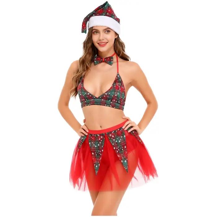 Ensemble de Lingerie Sexy de noël pour femmes, soutien-gorge à carreaux avec mini-jupe en Tulle, chapeau à nœud papillon, Costume de Cosplay du père noël, vêtements de nuit de vacances
