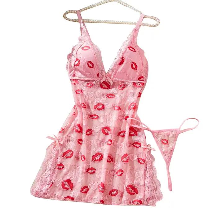 Chemise de nuit rose à imprimé lèvres pour femmes, élégante et confortable, lingerie de nuit avec nœud