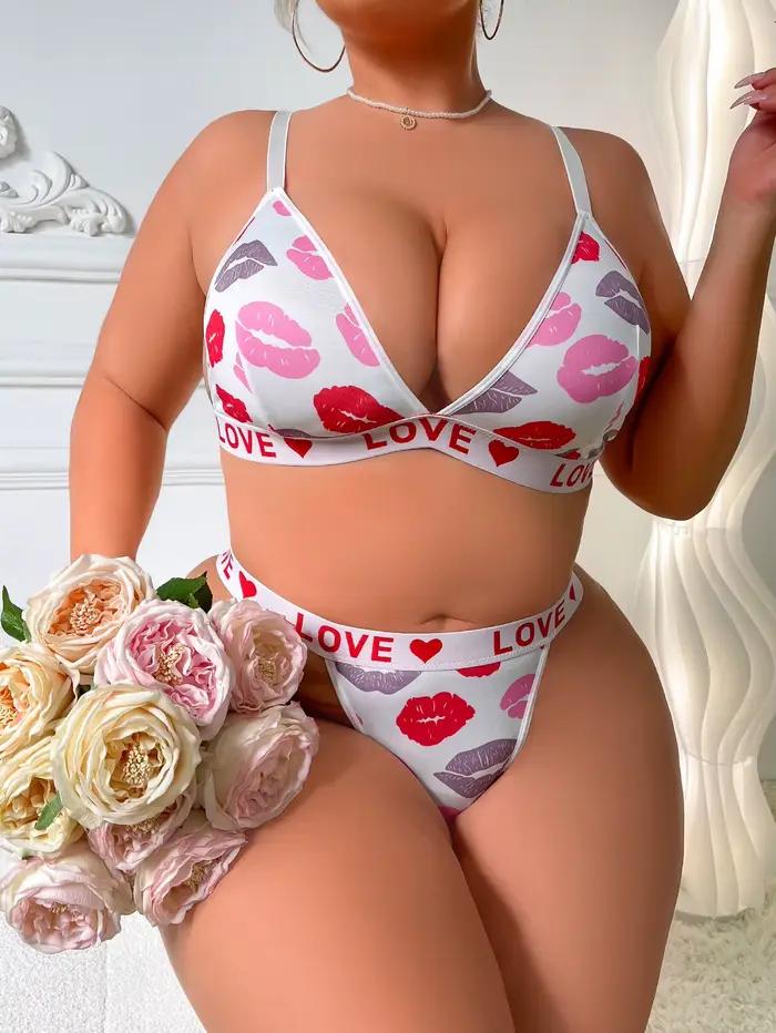 Ensemble de Lingerie Sexy imprimé lèvres pour femmes, Bralette et string à bonnets triangulaires français, sous-vêtements de soutien plus laides