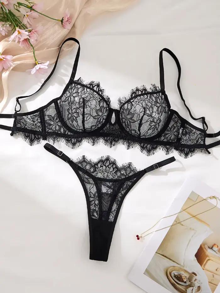 Ensemble de soutien-gorge et slip en dentelle noire pour femmes, sous-vêtements transparents romantiques et Sexy avec fleurs, Lingerie érotique transparente