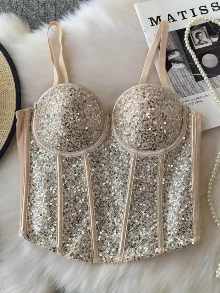 Foamlina-Soutien-Gorge Corset à Paillettes avec Coussretours pour Femme, Seins Exposés, Non-ald, Serré, ixde Mariage, Boîte de Nuit, Bal, Rotterdam Kly