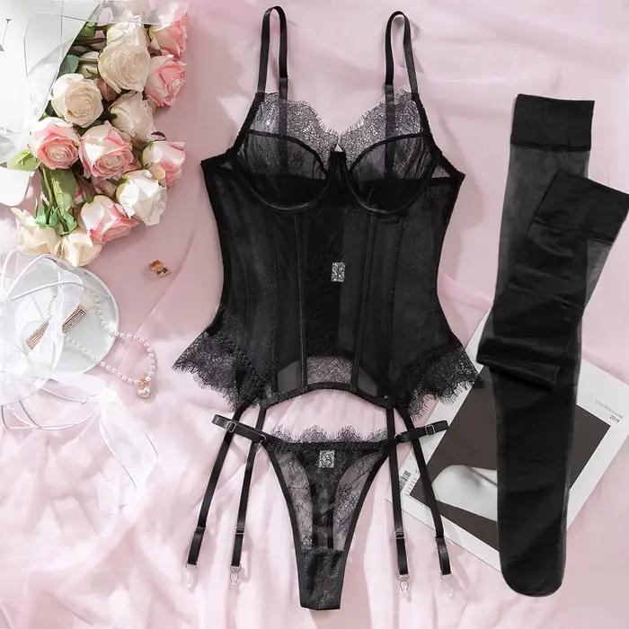 Ensemble de lingerie trois pièces en dentelle florale transparente pour femme, avec corset push-up, jarretière, string et bas cuissardes
