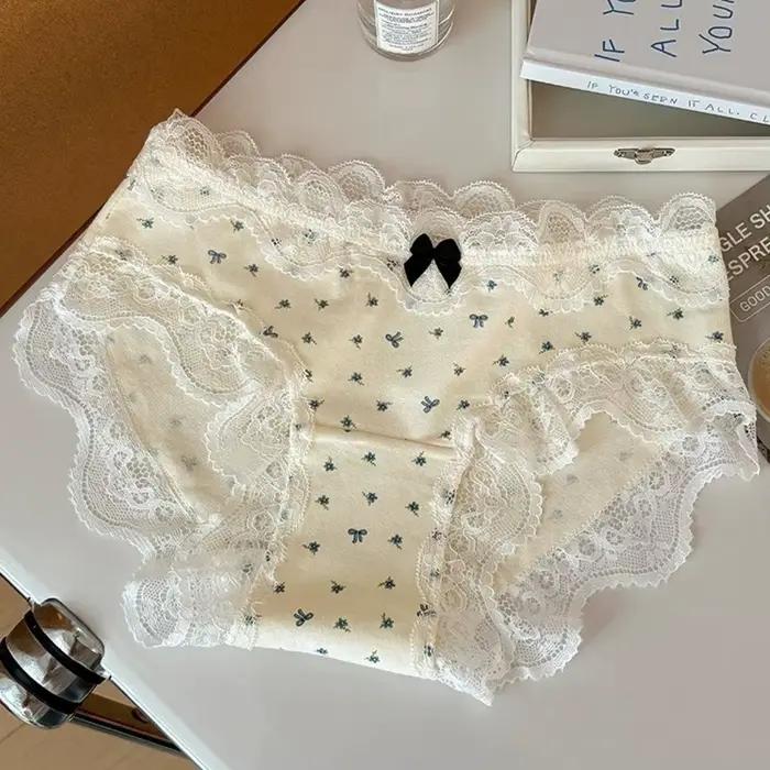 Culottes en dentelle taille moyenne à motif floral, à pois et à carreaux, avec nœud tulipe, en coton pour femme