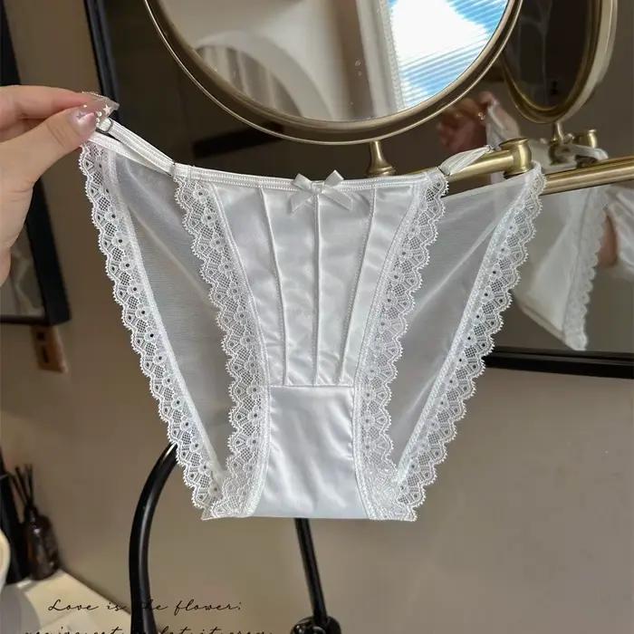 Culottes pour femmes, couleur unie, respirantes, sous-vêtements fins, dentelle française sexy avec nœud, ceinture réglable, culottes fines en maille