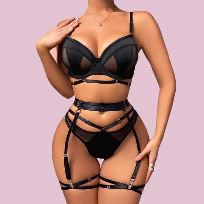 Luxe français voir à travers la lingerie sexy femme 5 pièces soutien-gorge et culotte exotiques avec jarretières Transparent sous-vêtements sans couture femmes ensemble