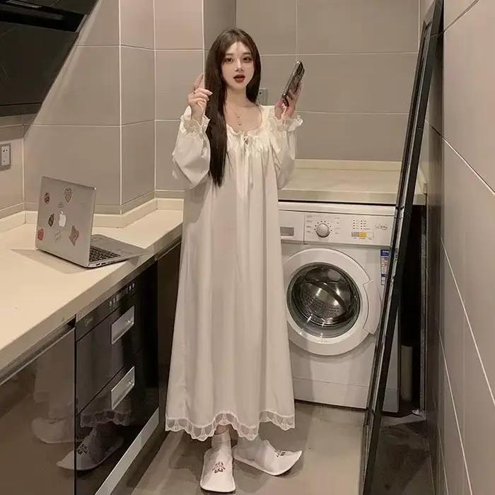 Chemises de nuit décontractées pour femmes, nouvelle robe de nuit à manches longues, grande taille, chemises de nuit blanches amples, pyjama pour femmes