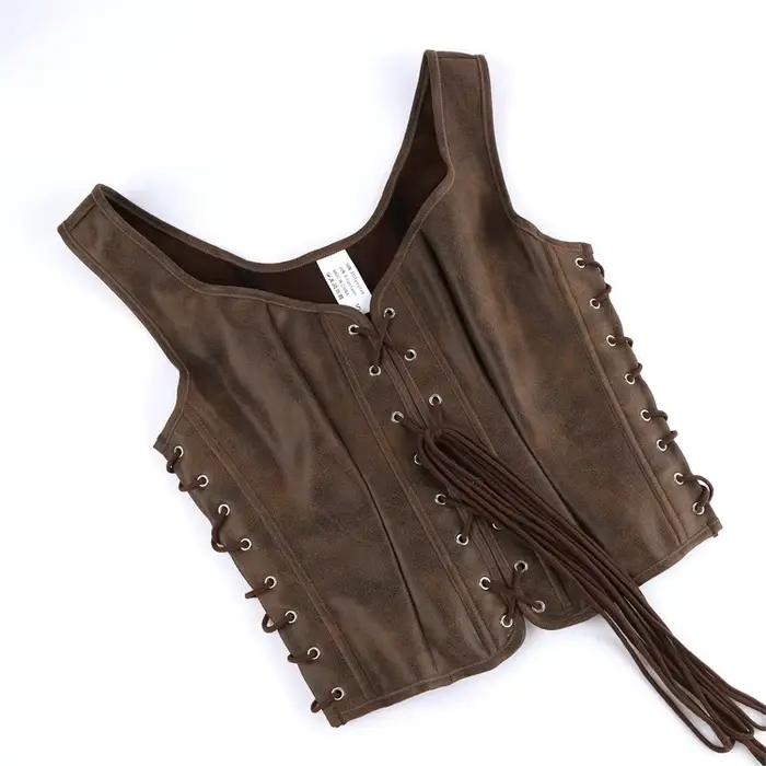 Gilet Corset Marron Style Vintage Steampunk pour Femme, Haut Médiéval Renaissance à Lacets