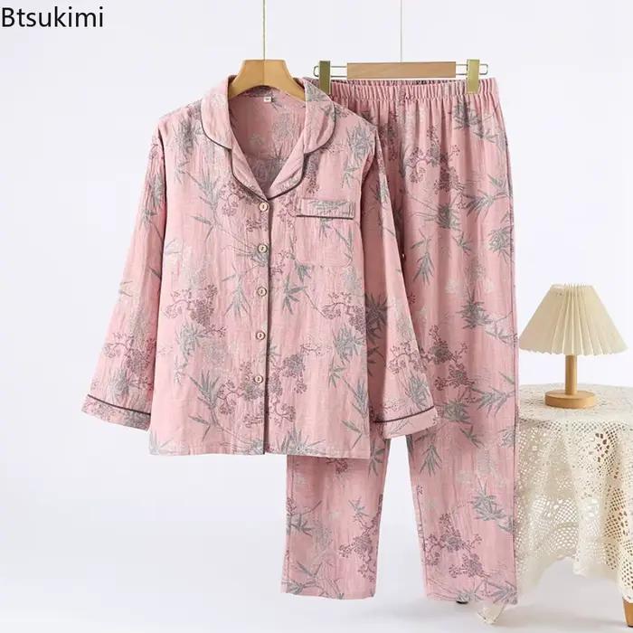 Pyjama rétro à manches longues pour femmes, pantalon en pur coton, Double couche, teint en fil, vêtements de nuit simples, décontractés, amples, vêtements de détente pour dames