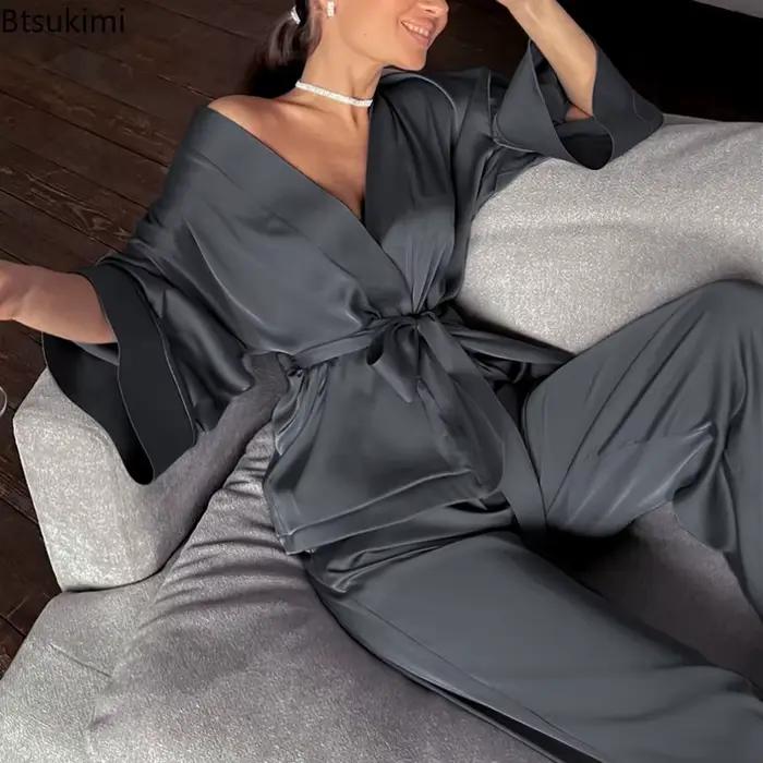Ensemble pyjama assorti avec ceinture pour femmes, pièces de remorquage en Satin, doux et ample, décontracté, couleur unie, vêtements de nuit pour la maison, 2026