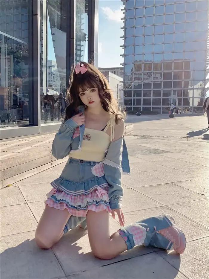 Jemné japonské Lolita mini sukně plesové šaty ženy Harajuku roztomilá džínová