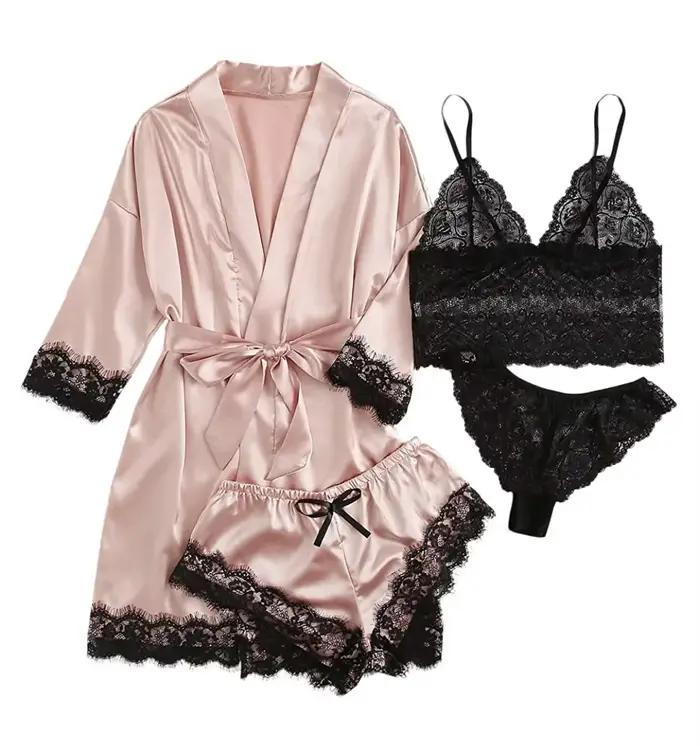 Pyjama Sexy pour femmes, chemises de nuit, Lingerie, short, 4 pièces, Camisole en dentelle, ensemble pyjama, Robe de maison, vêtements de loisirs
