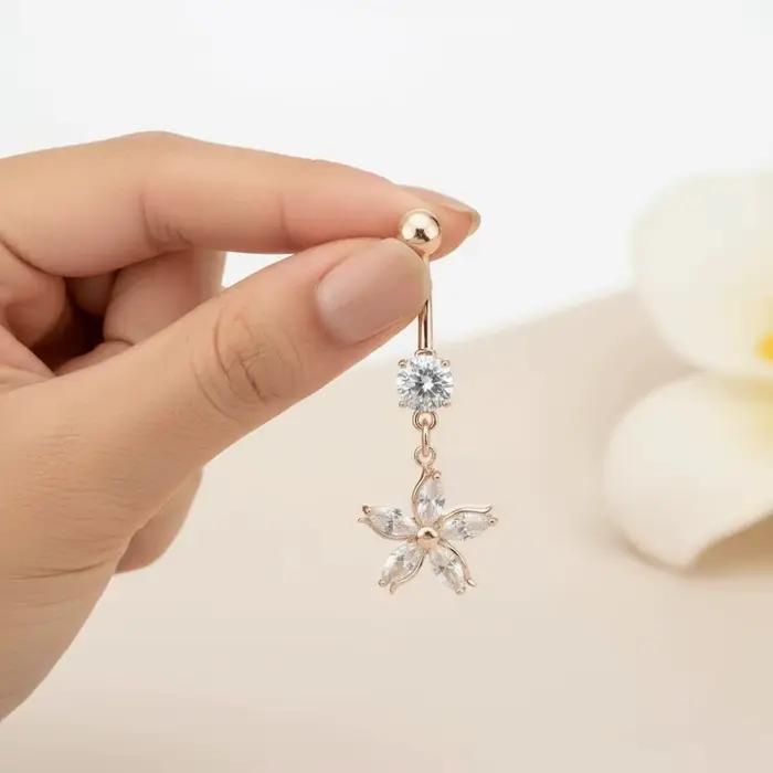 Piercing de nombril en alliage et strass, bicolore, motif fleur d'abricot brillante, design amovible et pendante