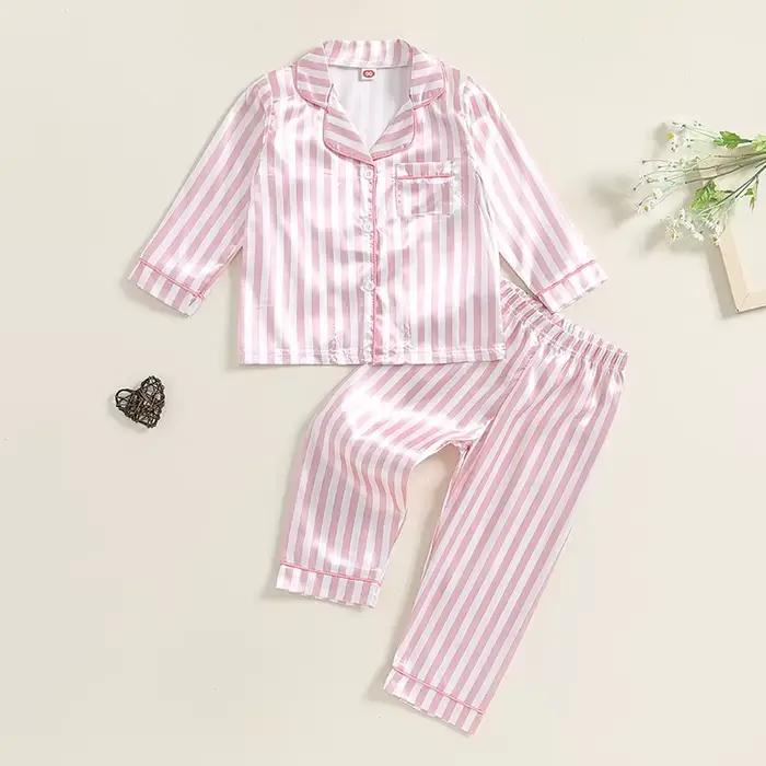 Ensemble de pyjamas en satin pour enfants, vêtements de nuit moulants, chemises à manches longues imprimées à rayures, pantalons longs en Y, salon, automne, filles, garçons, 2 pièces