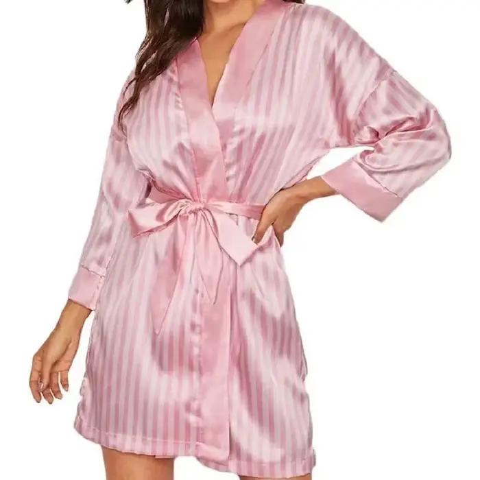 Robe de lingerie sexy pour femmes, satin rayé rose, courte, vêtements de nuit, peignoir, vêtements de maison, demoiselle d'honneur pour femmes, pyjama de fête