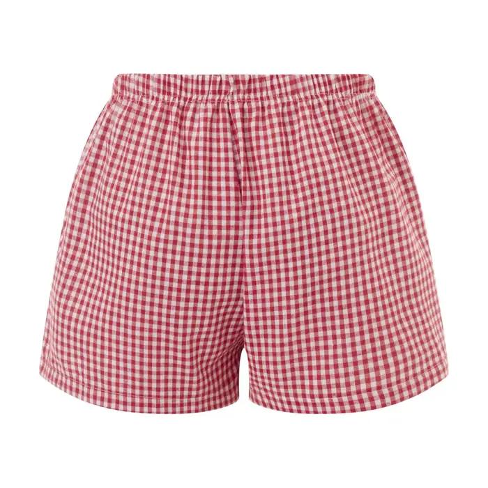 Boxer vichy pour femmes et adolescentes, pyjama à carreaux vichy, short de salon de sommeil, tenue d'été, mignon, rouge