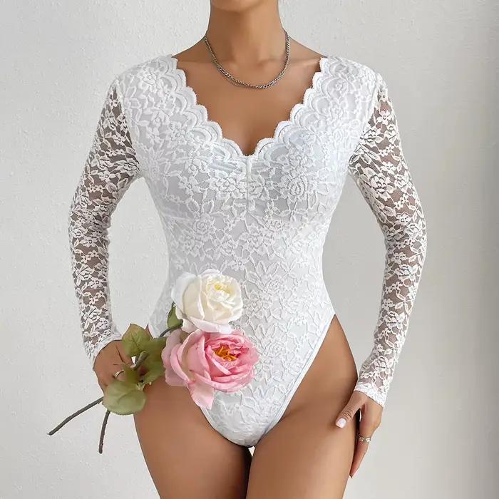 Body Sexy en dentelle blanche pour femmes, couleur unie, manches longues, Corset transparent, haut à volants, col en V, combinaison cintrée, automne