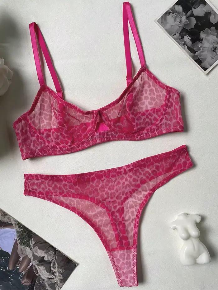 Ensemble soutien-gorge et culotte transparent imprimé léopard pour femme, lingerie sexy, sous-vêtements ultra-fins, vêtements de nuit transparents