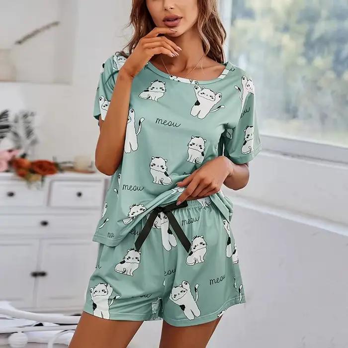 Ensemble pyjama imprimé chat dessin animé pour femme, haut à manches courtes et short, vêtements de nuit doux et confortables, ensembles de pyjama pour la maison, mignon, été