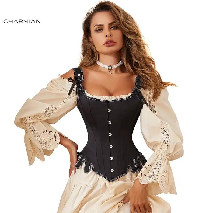 Corset Vintage en Brocart Désossé d'Acier avec Bretelles pour Femme, Bustier à Lacets, Glaçure Charmienne et Médiévale