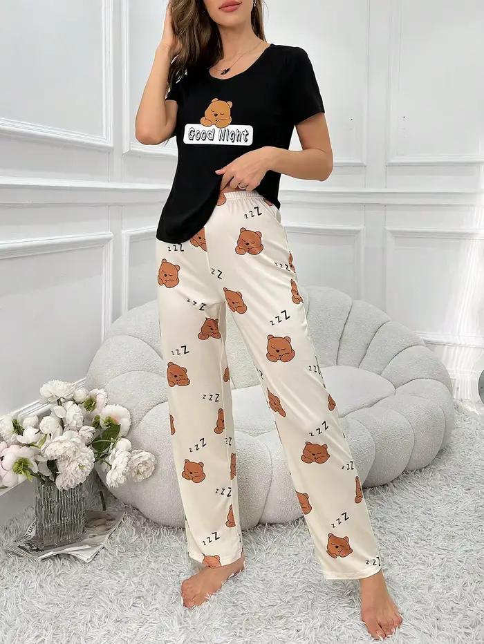 Ensemble 2 pièces de pyjama quatre saisons pour femmes, ensemble pyjama décontracté et mignon imprimé dessin animé, manches courtes, pantalon Long