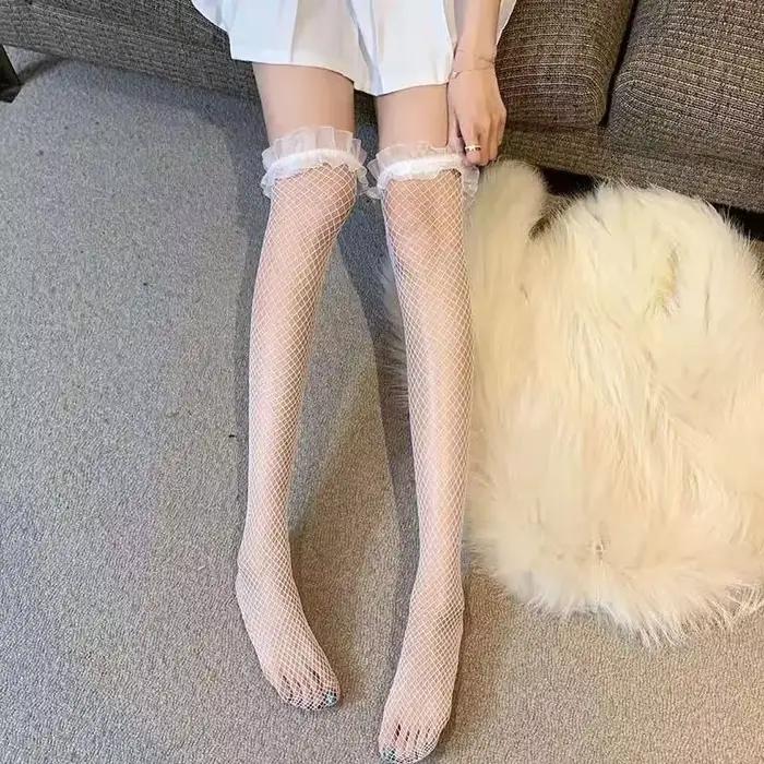 Bas de corps évidés en résille de dentelle sexy pour femmes, cuisse haute sur le genou, chaussettes longues en nylon, bonneterie Anime Lolita, gaze transparente