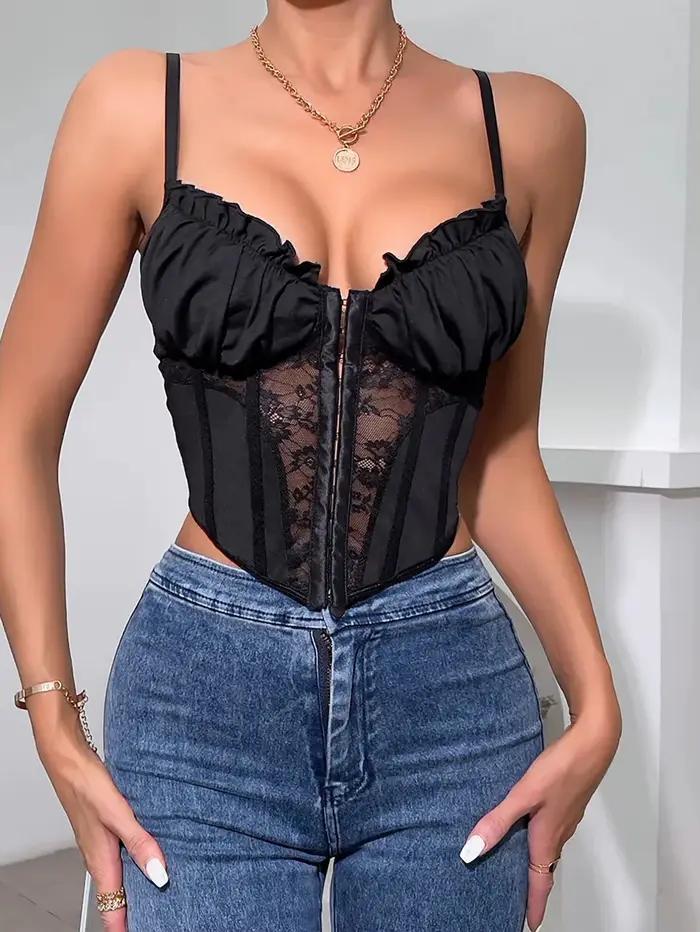 1 pièce de corset en tulle noir à volants en dentelle, nouveau style tendance et sexy, dos nu, coupe sirène, fines bretelles, maille ajourée
