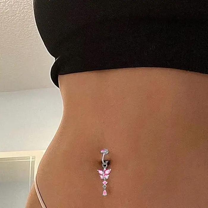 Clip sur nombril anneau papillon cuivre Zircon rose faux ventre Piercing ombilical nombril corps bijoux à la mode Style