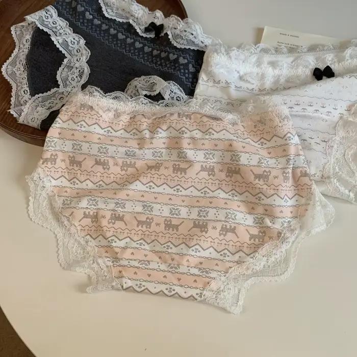 Culottes en dentelle à nœud papillon motif chat, taille mi-haute, en coton, lingerie douce pour femme