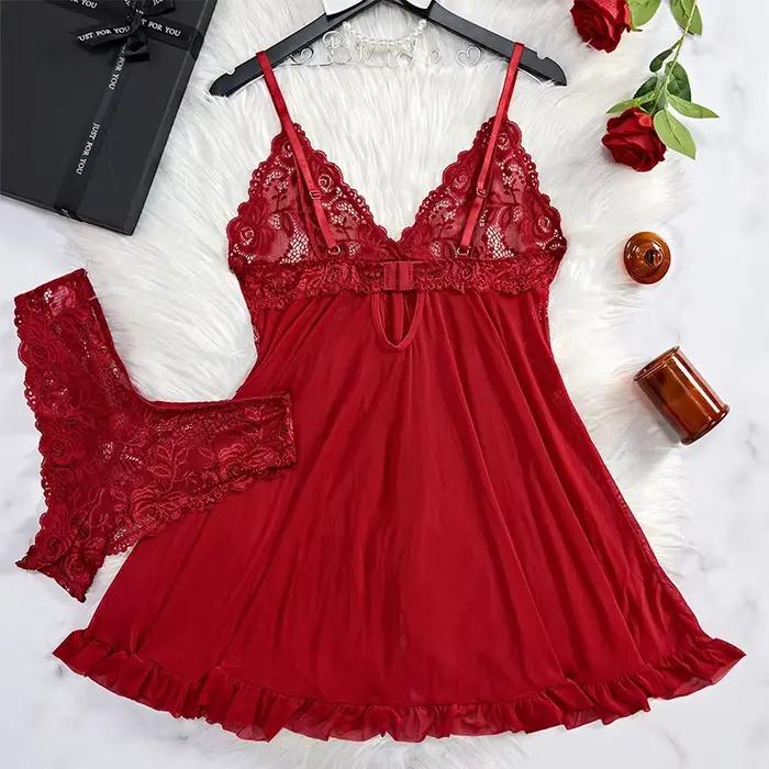 Rose Transparent Sexy Lingerie femmes culottes voir à travers les vêtements de nuit dentelle col en V chemise de nuit et string ensembles sous-vêtements féminins slips
