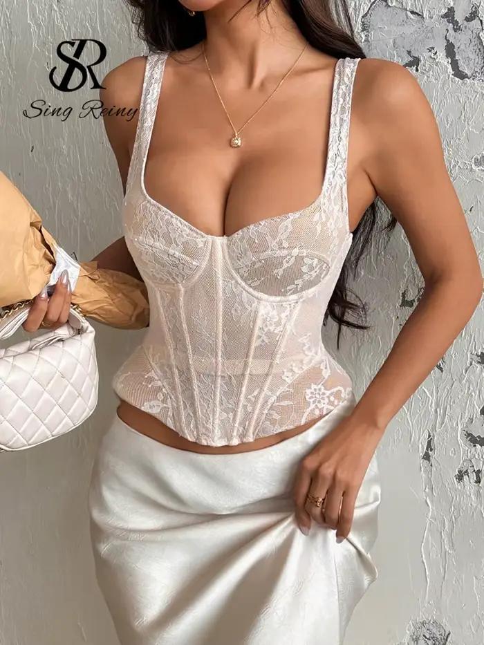SINGREINY INS Hot Girl Top Corset en Dentelle pour Femme, Mini Camisole Sans Manches à Bretelles, Dos Nu à Lacets, en Maille Florale, Effet Sculptant, Débardeur Amincissant