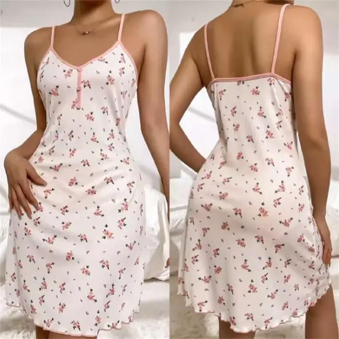 Nouvelle chemise de nuit florale douce pour femme, boutonnée sur le devant, col en V, vêtement de nuit et d'intérieur, imprimé à bretelles, sexy, mi-longue, confortable, grande taille