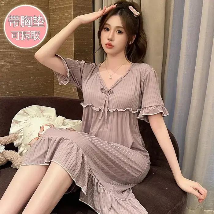 Chemise de nuit sexy en dentelle à manches courtes pour femmes, vêtements de nuit mignons, chemise de nuit à col en V, chemise de nuit en coton, chemise de nuit pour la maison, grande taille, été chau