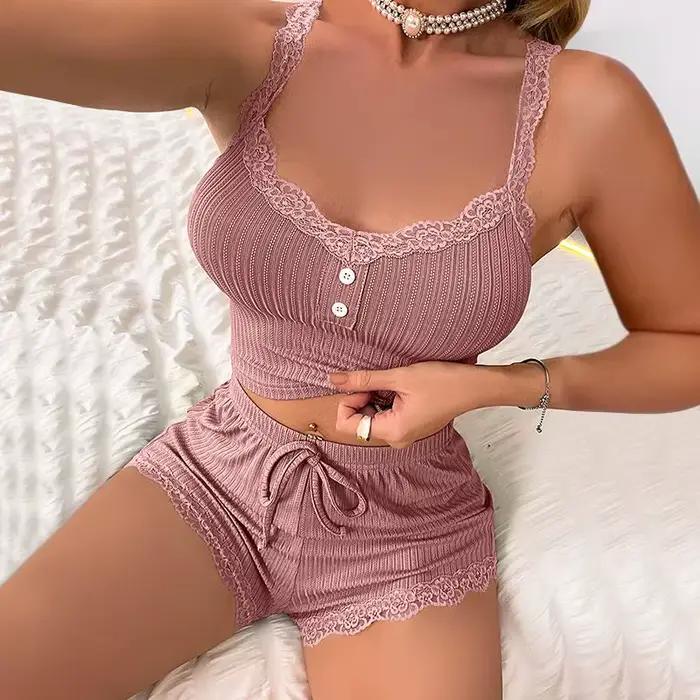 Ensemble de pyjamas féminins estivaux sexy en polyester et élasthanne pour une nuit élégante et confortable