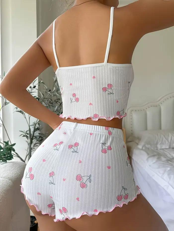 Ensemble pyjama 2 pièces imprimé cœur pour femmes, vêtements de nuit, col rond, dos nu, haut court et short, vêtements de détente d'été