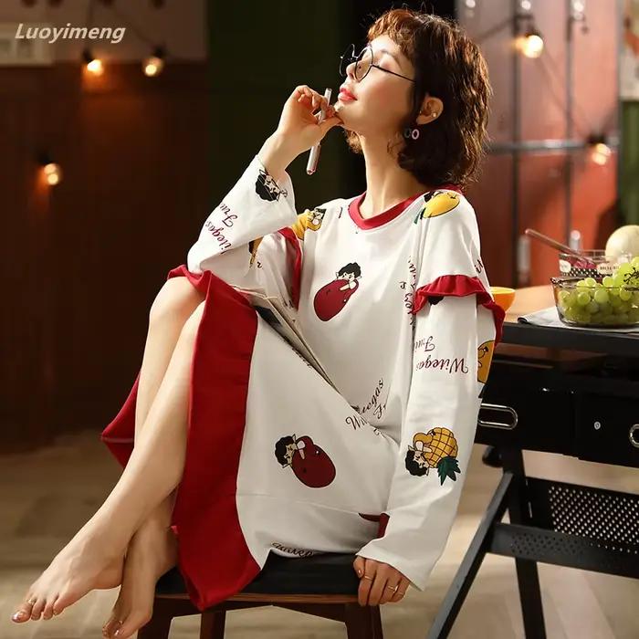 Mignon coréen filles chemises de nuit femmes à manches longues robe de nuit coton robe de nuit femme pyjamas vêtements de nuit femmes Homedress M-3XL