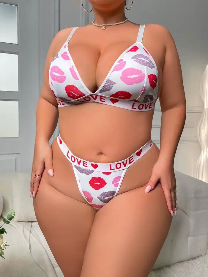 Ensemble de Lingerie Sexy imprimé lèvres pour femmes, Bralette et string à bonnets triangulaires français, sous-vêtements de soutien plus laides